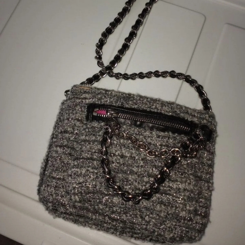 Henri Bendel silver grey tweed evening bag with leather/metal strap